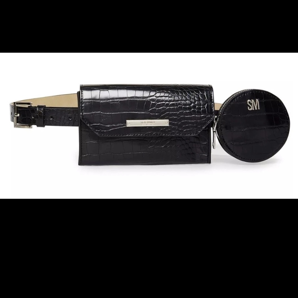 Steve Madden Black Croc-Embossed Belt Bag with Coin Pouch